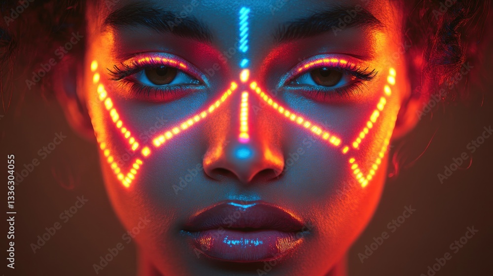 Woman with vibrant face paint, studio portrait, illuminated design Woman with vibrant face paint, studio portrait, illuminated design