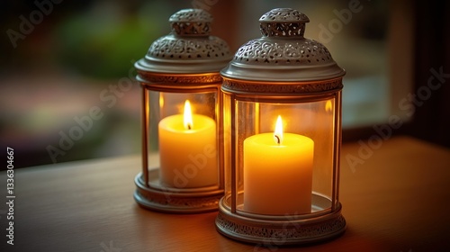 Two lit candles inside ornate antique lanterns on a surface