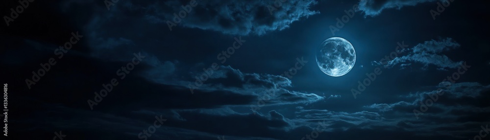 The glowing full moon shines brightly in a dark cloudy night sky The glowing full moon shines brightly in a dark cloudy night sky