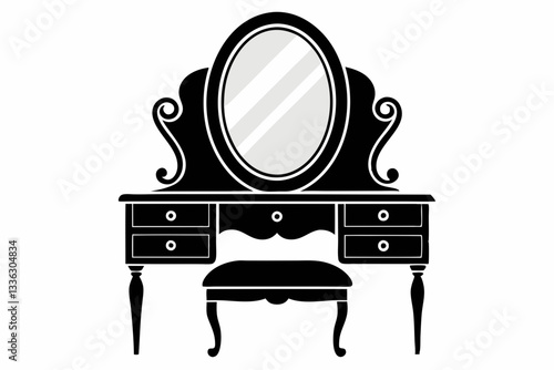 vanity table with mirror line art silhouette vector illustration