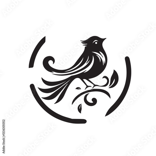 Elegant Bird Silhouette with Decorative Branch | Ornamental Bird Logo
