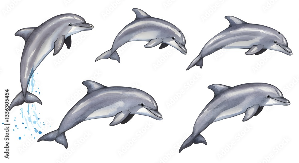 Graceful dolphins in watercolor: A playful aquatic mammal illustration series Graceful dolphins in watercolor: A playful aquatic mammal illustration series