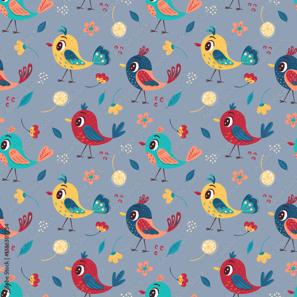 Obraz premium Seamless pattern with cute bright birds, flowers, leaves on a gray background. Vector illustration for the design of postcards, clothing, textiles, banners and posters.