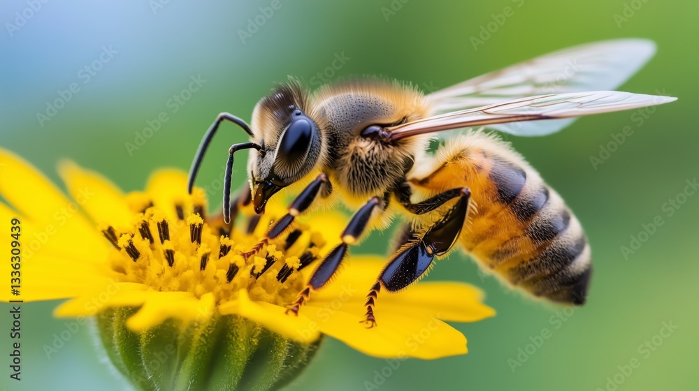 Close-up of a bee collecting nectar from a bright yellow flower in a lush garden during the sunny daytime Close-up of a bee collecting nectar from a bright yellow flower in a lush garden during the sunny daytime