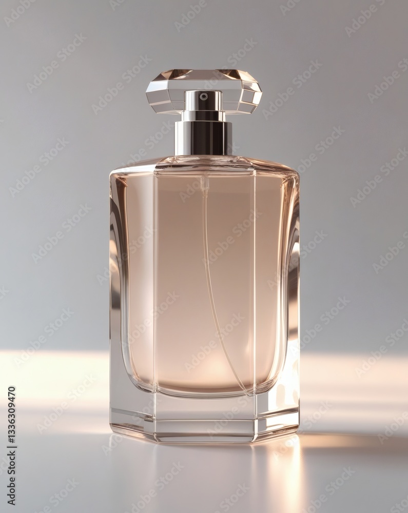 High-resolution poster-style mockup of elegant perfume bottle with sleek glass design, reflective surface, and blank layout. Minimalist composition with soft, sophisticated lighting for luxury appeal. High-resolution poster-style mockup of elegant perfume bottle with sleek glass design, reflective surface, and blank layout. Minimalist composition with soft, sophisticated lighting for luxury appeal.