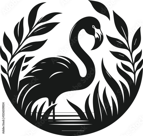 vector illustration of a flamingo with a bush