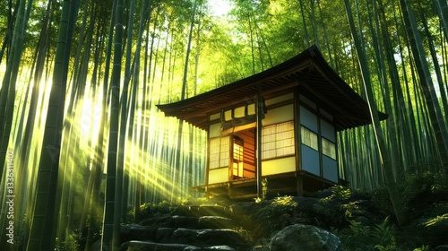 A serene wooden structure nestled in a lush bamboo forest setting