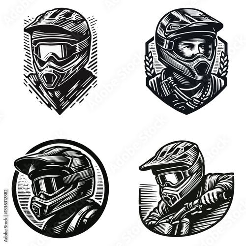 Moto rider helmet Engrave vector illustration logo icon template