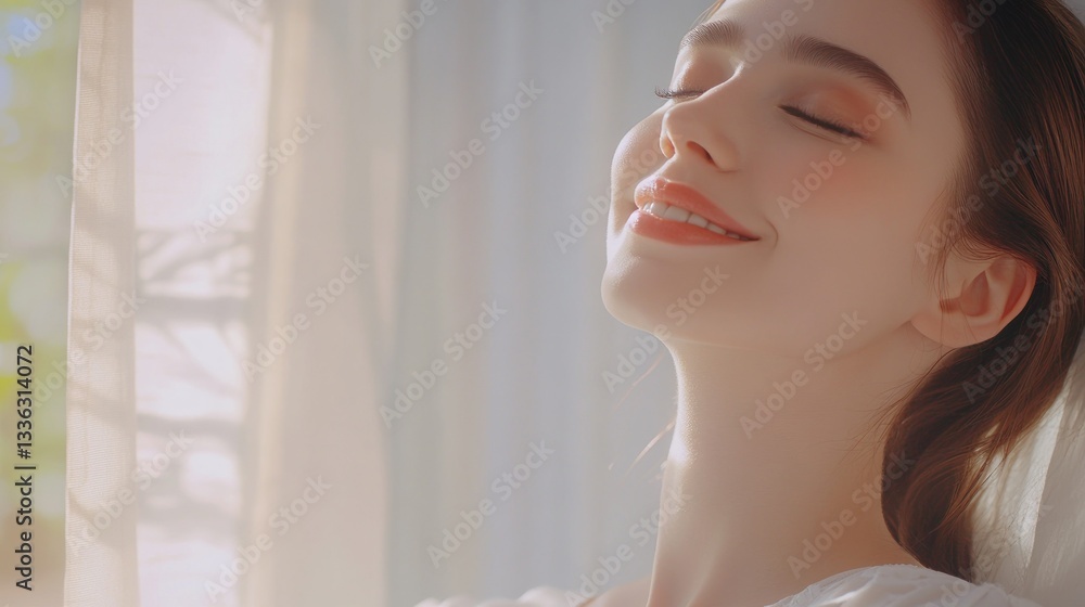 A beautiful woman smiles softly in natural sunlight by a window A beautiful woman smiles softly in natural sunlight by a window