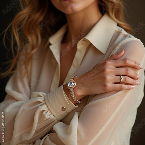 Elegant woman showcasing luxury jewelry with stylish golden bracelet 