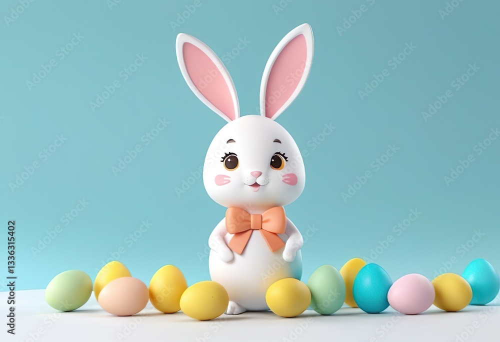 Obraz premium Cute 2026 easter banner, card, cute white easter bunny with pink bow, colored easter eggs around, easter symbols, blue background