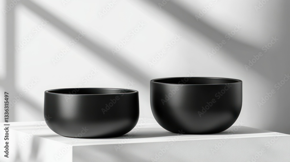 Two Black Bowls Arranged on a White Cube Surface