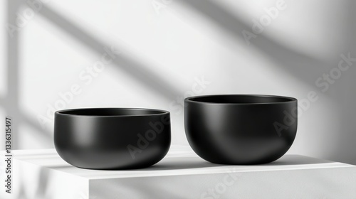 Obraz na płótnie Two Black Bowls Arranged on a White Cube Surface w salonie