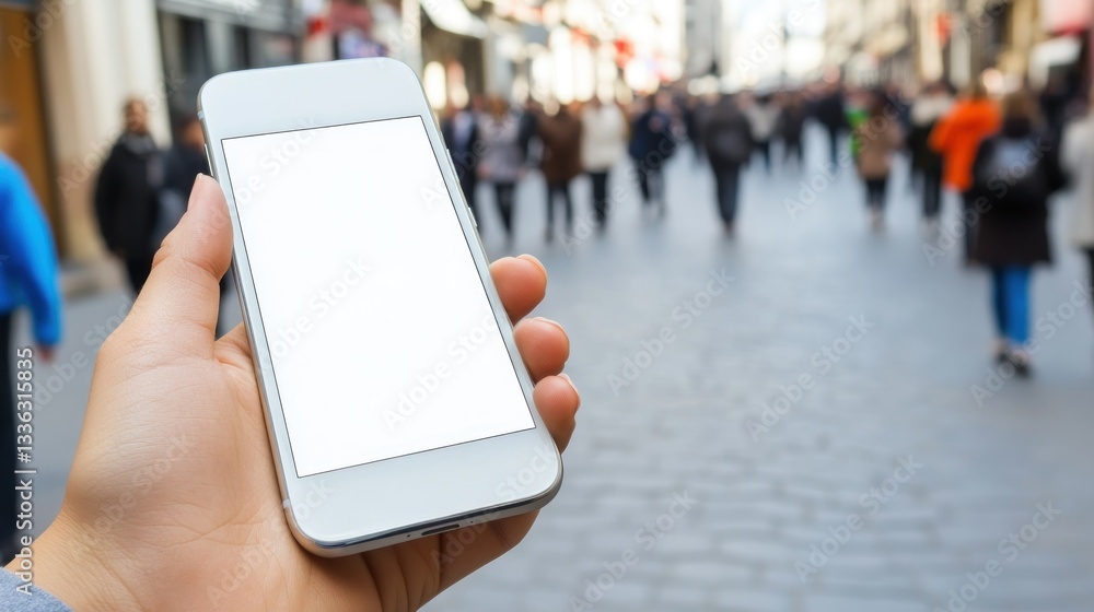 A hand holding a white smartphone in a busy street environment A hand holding a white smartphone in a busy street environment