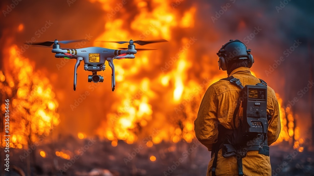 A firefighter controls a drone over a wildfire, symbolizing technology in disaster response. Ideal for environmental, emergency, and tech blogs. A firefighter controls a drone over a wildfire, symbolizing technology in disaster response. Ideal for environmental, emergency, and tech blogs.