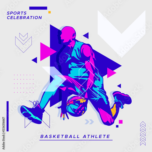 Futuristic Sport Games Banner with Neon Lights. A modern and futuristic sport games banner featuring a neon-style silhouette of a basketball player, abstract digital elements, and glowing effects. 