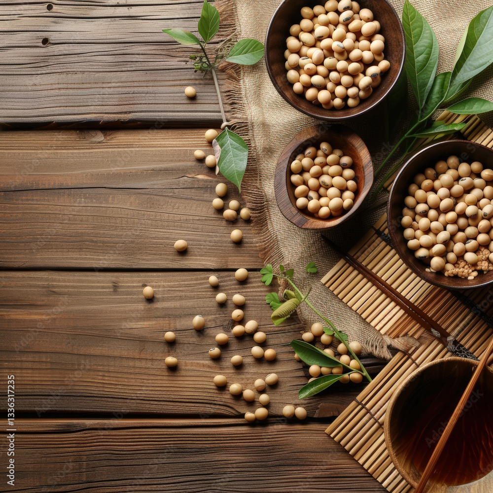 Soy grains in bowls and soybean oil, sauce. Everything is on old wooden table, creating cooking atmosphere. On cracked surface. Rustic style. Copy space. Soy grains in bowls and soybean oil, sauce. Everything is on old wooden table, creating cooking atmosphere. On cracked surface. Rustic style. Copy space.