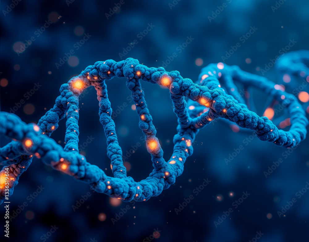 A futuristic molecular strand symbolizing genetic engineering, its glowing atomic bonds forming an organic, flowing pattern. A futuristic molecular strand symbolizing genetic engineering, its glowing atomic bonds forming an organic, flowing pattern.