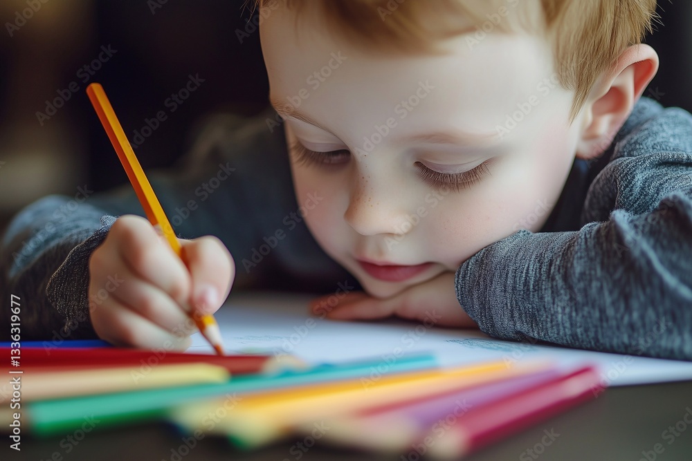 A young child with autism is deeply engaged in drawing with colored pencils on a sheet of paper. The soft light of the afternoon highlights the scene in a warm indoor space. A young child with autism is deeply engaged in drawing with colored pencils on a sheet of paper. The soft light of the afternoon highlights the scene in a warm indoor space.