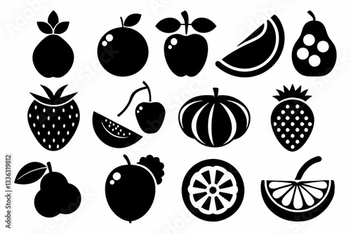 Set of fruit icons including apple, banana, cherry, grape, lemon, orange, pear, pineapple, plum, strawberry, and vegetables in silhouette style