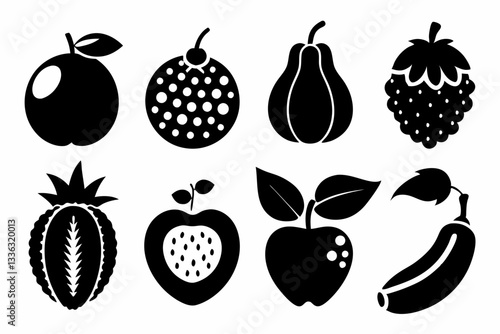 Set of fruit icons including apple, banana, cherry, grape, lemon, orange, pear, pineapple, plum, strawberry, and vegetables in silhouette style