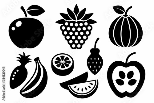 Set of fruit icons including apple, banana, cherry, grape, lemon, orange, pear, pineapple, plum, strawberry, and vegetables in silhouette style