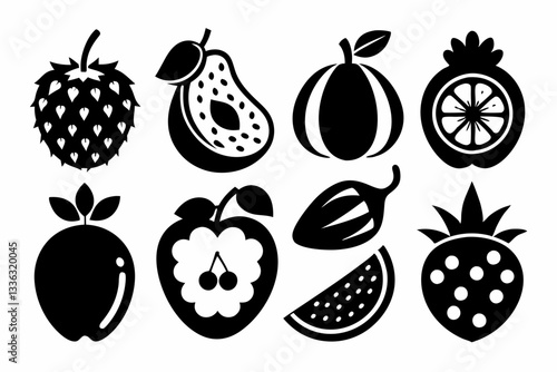 Set of fruit icons including apple, banana, cherry, grape, lemon, orange, pear, pineapple, plum, strawberry, and vegetables in silhouette style