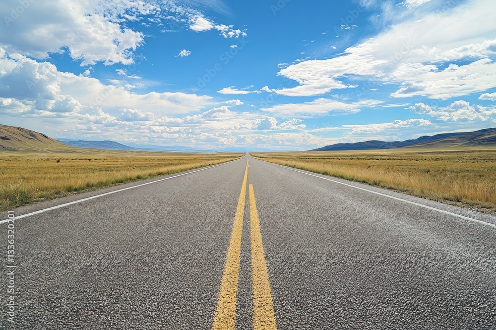 Fototapeta premium Empty road stretches through rural landscape under blue sky with clouds