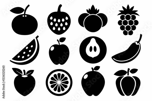 Set of fruit icons including apple, banana, cherry, grape, lemon, orange, pear, pineapple, plum, strawberry, and vegetables in silhouette style
