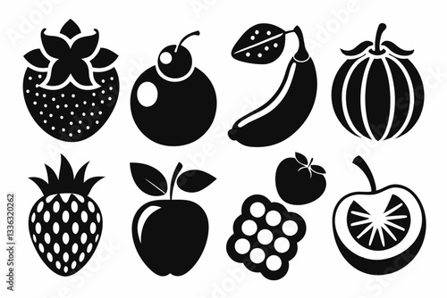 Set of fruit icons including apple, banana, cherry, grape, lemon, orange, pear, pineapple, plum, strawberry, and vegetables in silhouette style