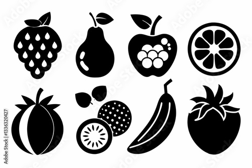 Set of fruit icons including apple, banana, cherry, grape, lemon, orange, pear, pineapple, plum, strawberry, and vegetables in silhouette style
