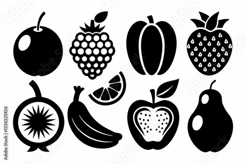 Set of fruit icons including apple, banana, cherry, grape, lemon, orange, pear, pineapple, plum, strawberry, and vegetables in silhouette style