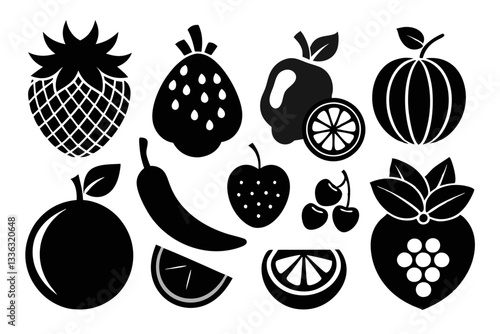 Set of fruit icons including apple, banana, cherry, grape, lemon, orange, pear, pineapple, plum, strawberry, and vegetables in silhouette style