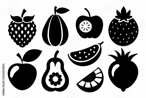 Set of fruit icons including apple, banana, cherry, grape, lemon, orange, pear, pineapple, plum, strawberry, and vegetables in silhouette style