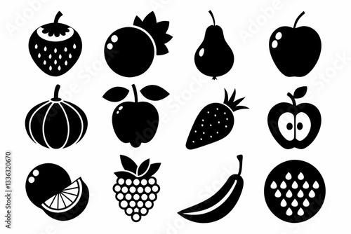 Set of fruit icons including apple, banana, cherry, grape, lemon, orange, pear, pineapple, plum, strawberry, and vegetables in silhouette style