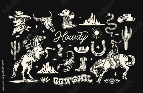 Western vector graphic set featuring cowgirls, horses, cacti, skulls, hats, boots, and "Howdy" & "Cowgirl" typography. Perfect for stickers, t-shirt designs, and other uses.