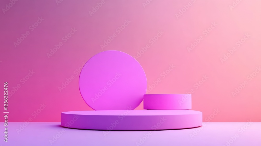 A pink gradient background with three geometrical display platforms A pink gradient background with three geometrical display platforms