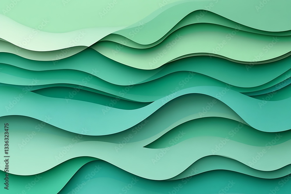 Obraz premium Abstract layered paper waves in teal and green shades.