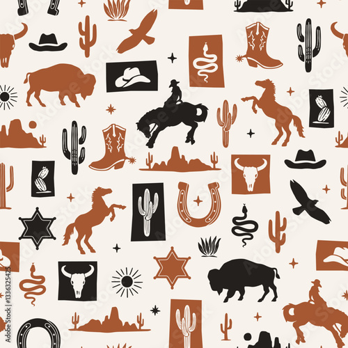 Western Themed Vector Seamless Pattern. Cactus, Cowboy Seamless Repeat Design. Boho Seamless Pattern