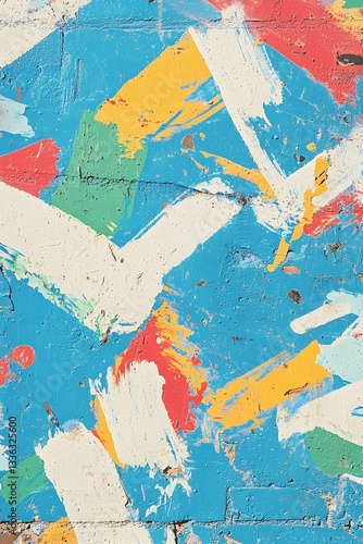 Abstract colorful paint splatters on a textured blue background.  Perfect for modern design, textures, and backgrounds.