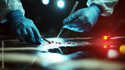 Ultra-realistic close-up of a crime scene investigator collecting evidence with precision in a forensic setting
