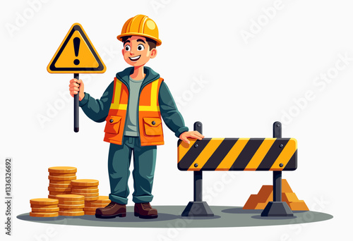 Playful Vector Design: Construction Worker in Hard Hat Holding Warning Sign Showcasing Workplace Safety, Construction Site Awareness, and Industrial Protection, Perfect for Training Programs.


