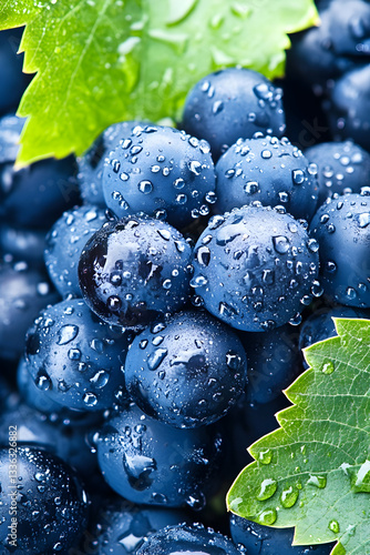 Wallpaper Mural Close-up of a cluster of dark-blue grapes with water droplets, surrounded by vibrant green leaves Torontodigital.ca