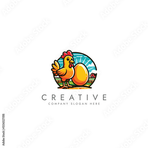 Chicken with eggs farm logo, bird broilers and meat logotype, Farm logo with rooster or chicken,Hen symbol  logo vector design