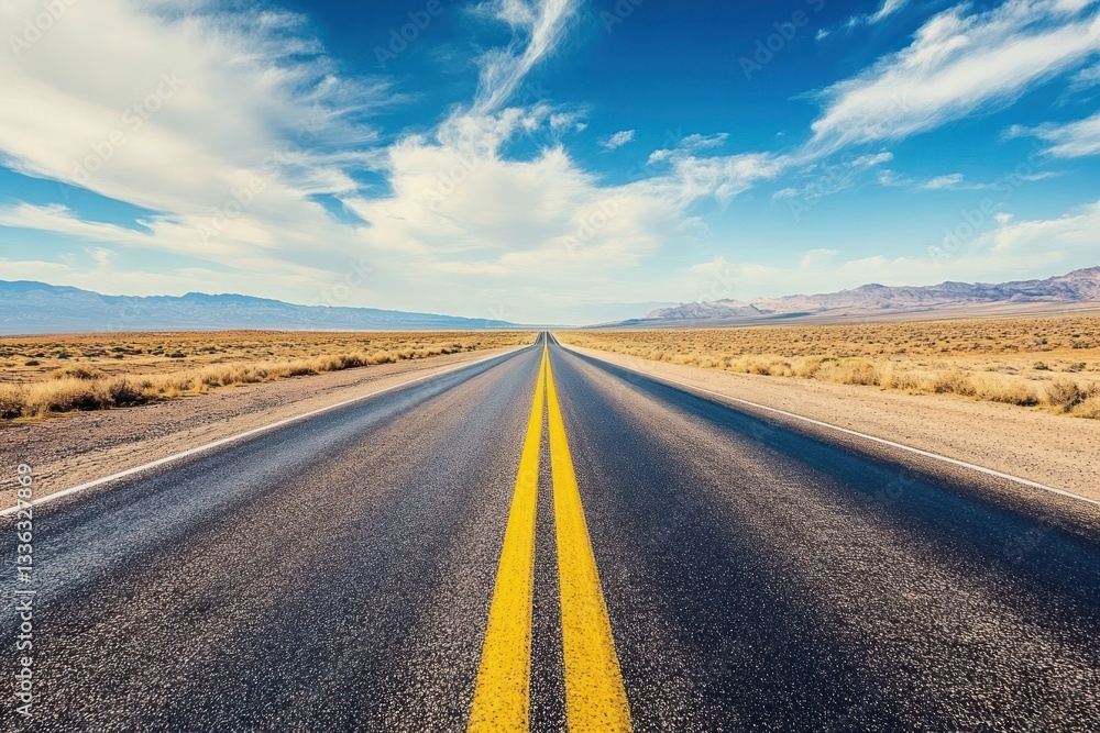 Naklejka premium Desert Highway Stretch Road trip under blue skies with mountain backdrop