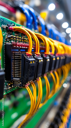 Close-up of interconnected circuit boards with vibrant yellow cables
