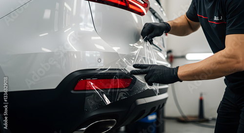 Auto Detailer Applying Paint Protection Film on White Car in Modern Workshop, Vehicle Paint Protection