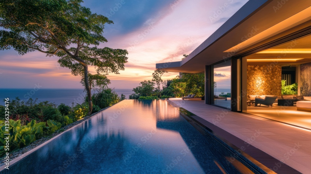 Fototapeta premium Stunning contemporary villa with infinity pool at sunset overlooking the ocean horizon