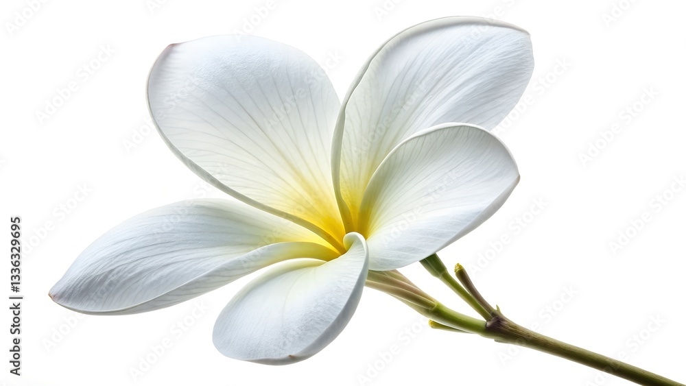 Fototapeta premium Petal Perfection: Close-up shot of a pristine frangipani blossom, with its soft, pure white petals and a hint of golden hue at its heart, elegantly captured against a clean background