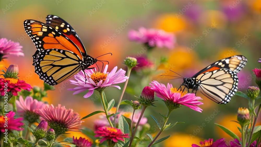 Naklejka premium Monarch Butterflies in Bloom: A pair of vibrant monarch butterflies gracefully alight on colorful blossoms in a sun-drenched garden, creating a stunning display of nature's beauty.
